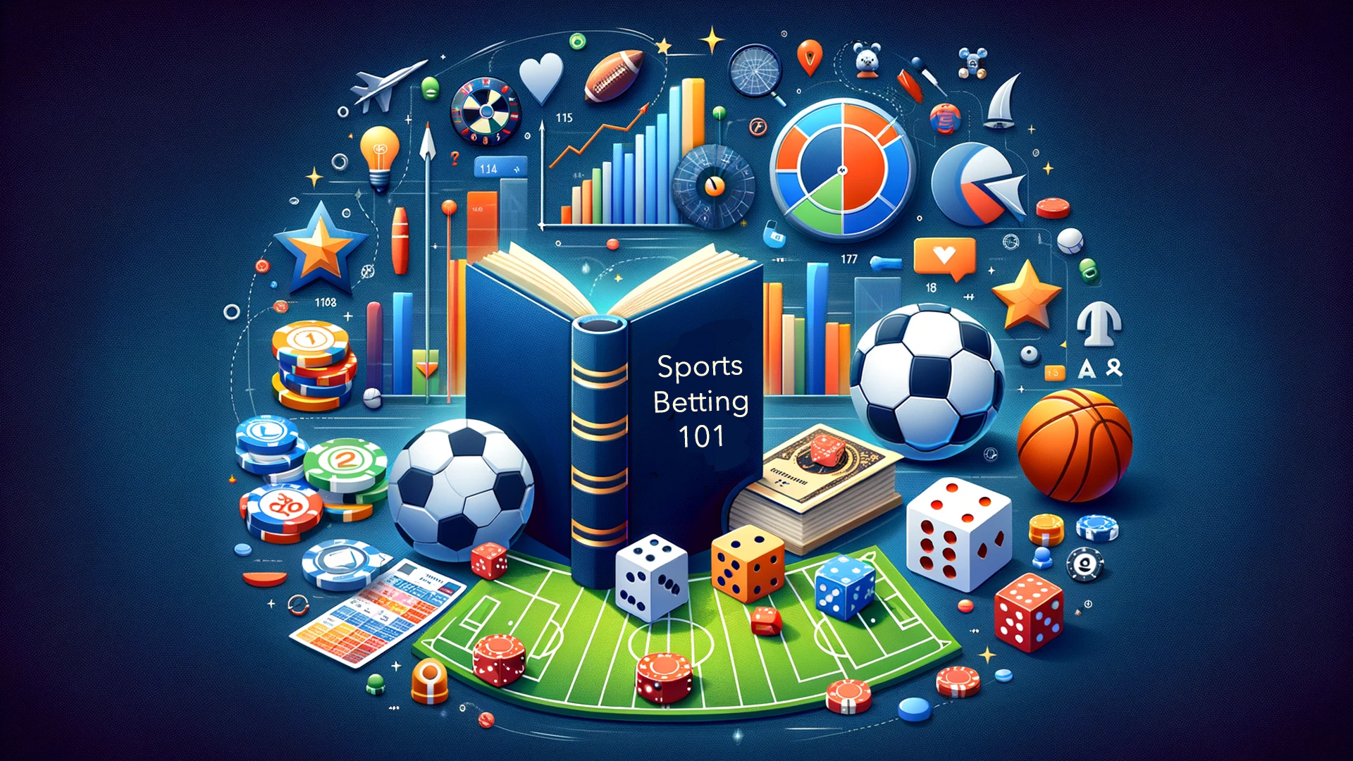 Intro to sports betting with icons for football, basketball, betting slips.